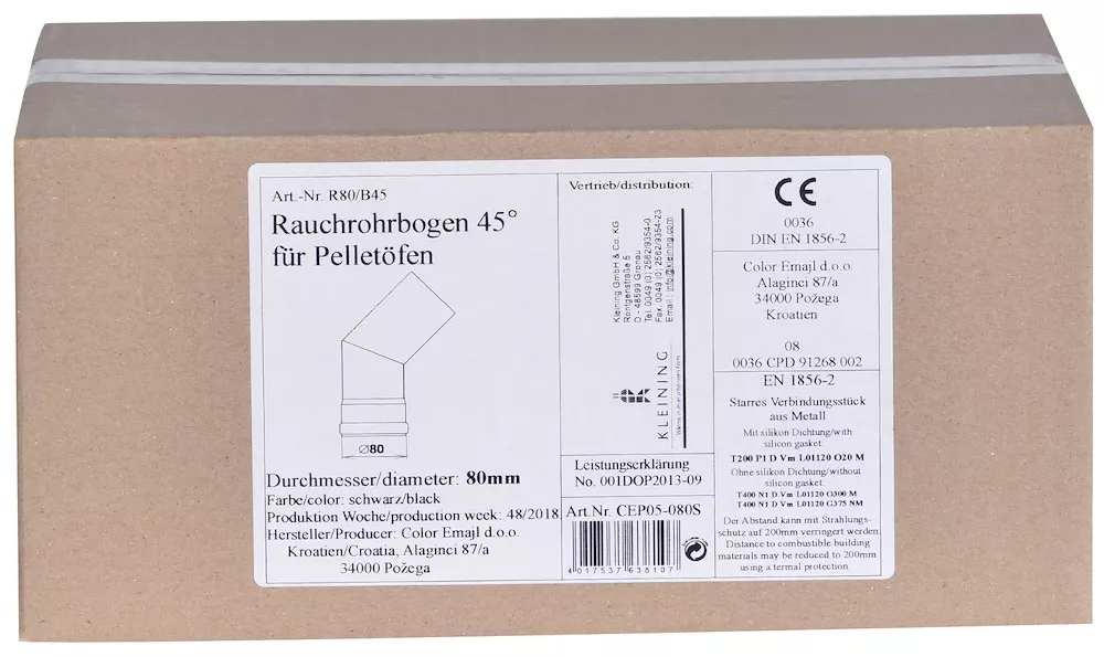 Pelletbogen 80 mm, 45&deg; o.T&uuml;r